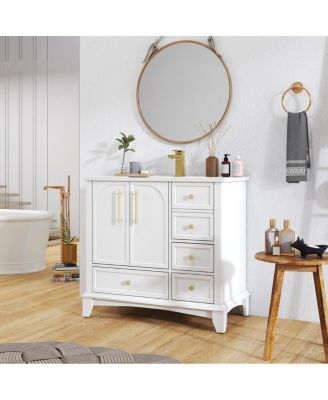 35.6" Bathroom Vanity with Ceramic Sink, Solid Wood MDF Cabinet, 4 Drawers Ample Storage for Modern Vintage Bathrooms
