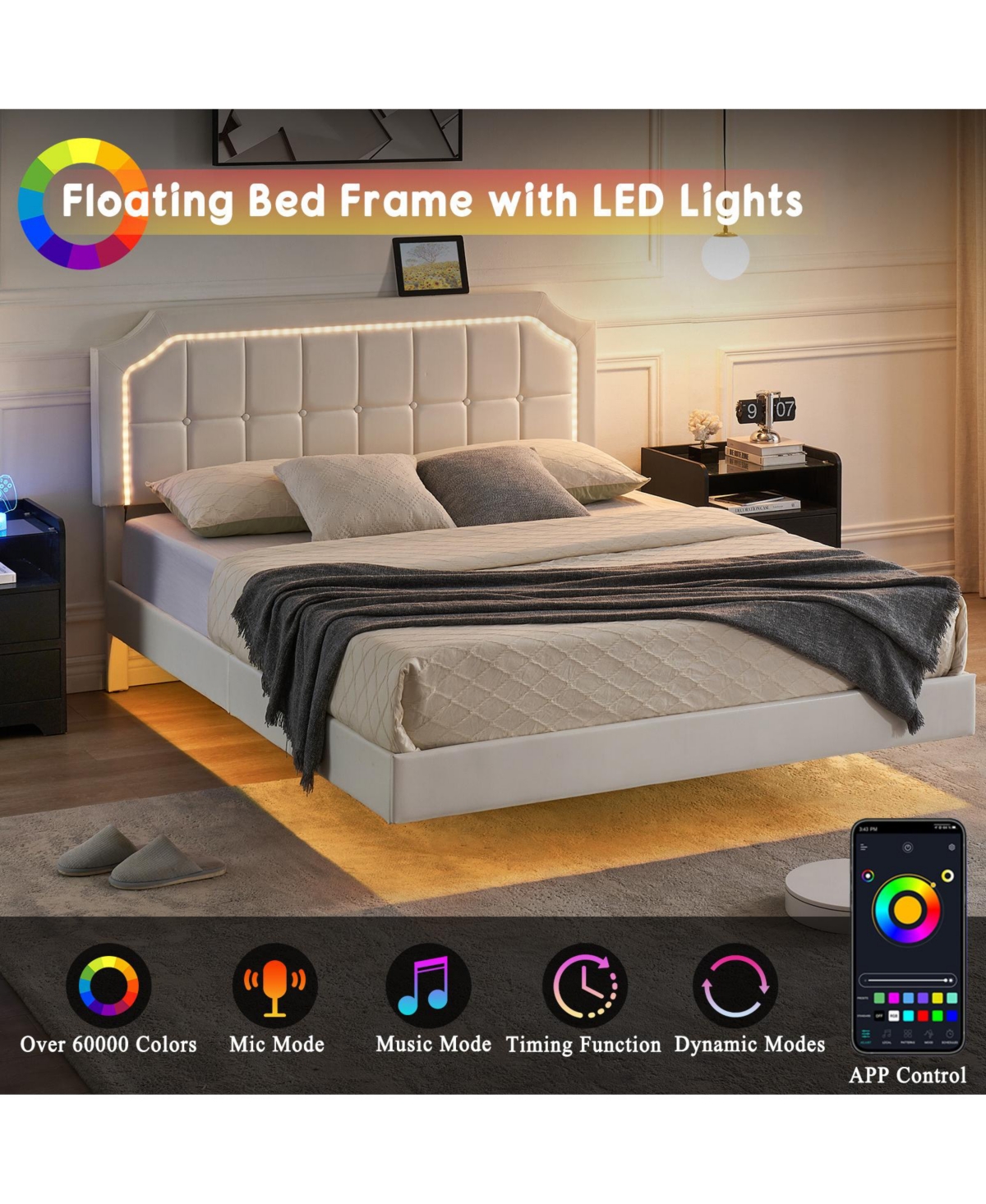 homfan Floating Upholstered Bed Frame with Led Headboard, Adjustable Height, Metal Slat Support, Box Spring Not Required