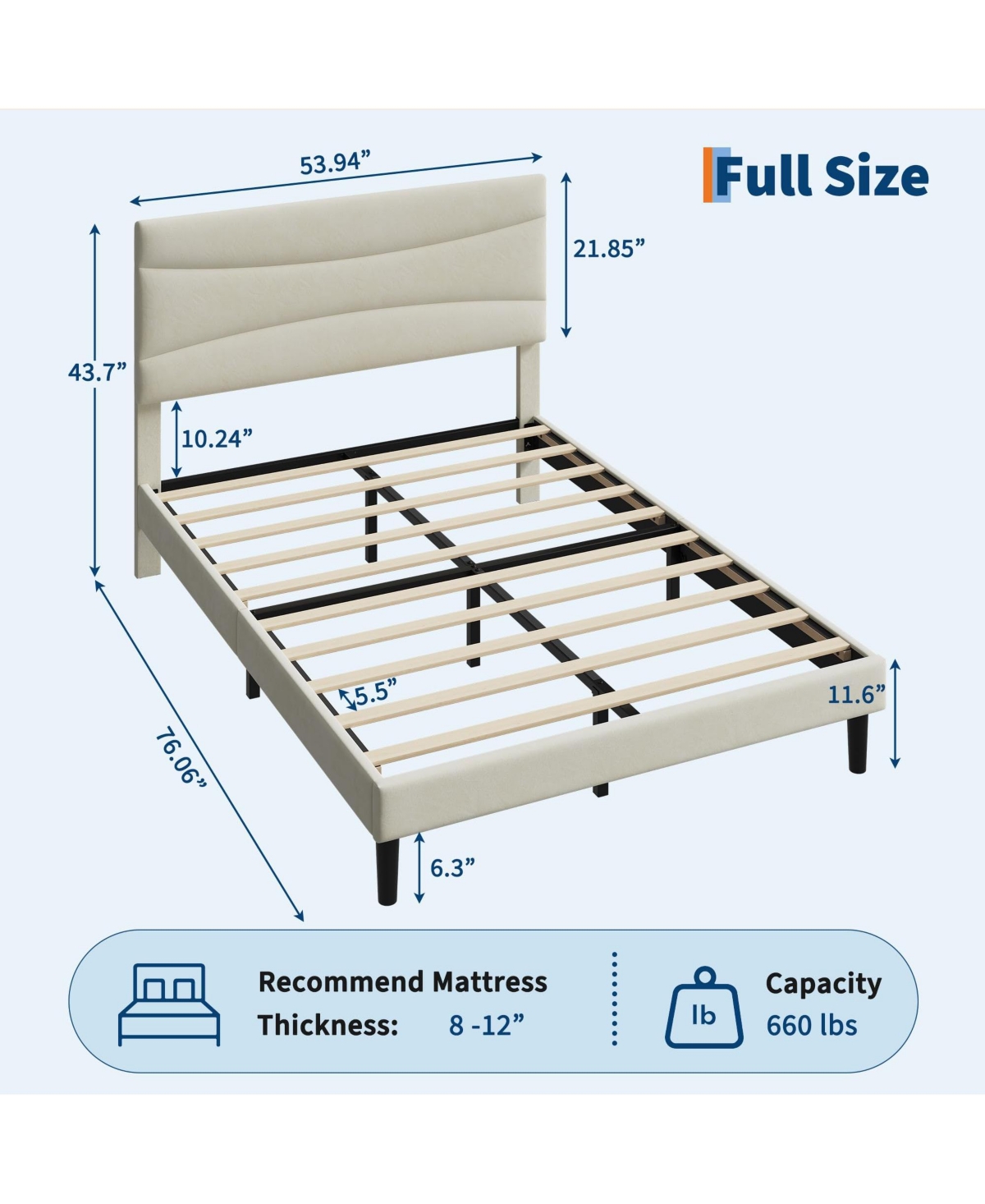 homfan Upholstered Platform Bed Frame with Curved Headboard, Wood Slat Support, Underbed Storage