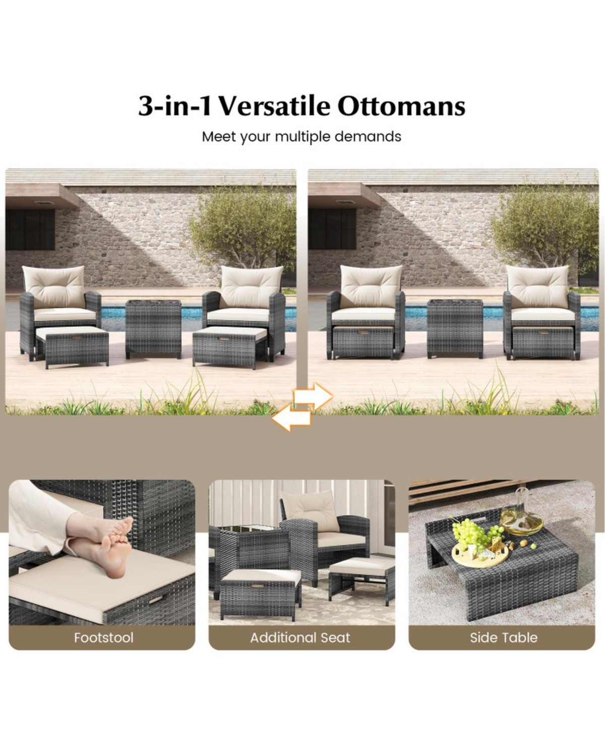Gouun 5-Piece Wicker Patio Set with Ottomans and Glass-Top Table