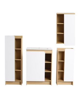 4 Piece Light Oak Bathroom Vanity Set Thin Edge Ceramic Sink Vanity Combo Dual Color Door Panels KD Assembly Storage Cabinet