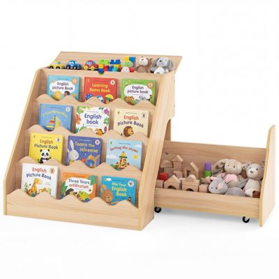 Kids Bookshelf and Toy Storage Organizer with Rolling Drawer Cart, 4 Tier Book Shelf