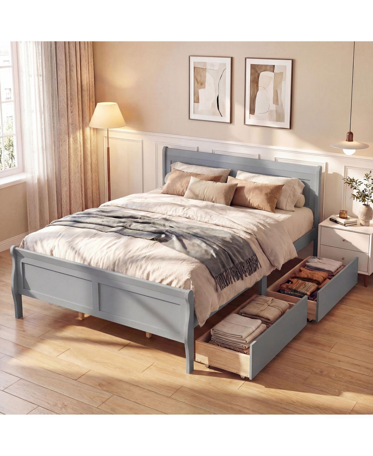 Slickblue Wooden Bed Frame with Built-In Storage Drawers and Footboard