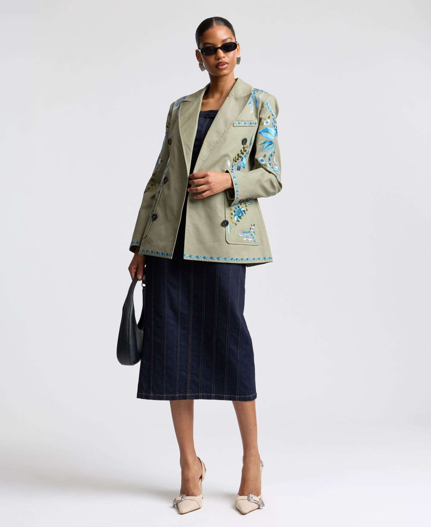 Женский пиджак Avec Les Filles Embroidered Double-Breasted Blazer, цвет: Бледный оливковый — фото 2