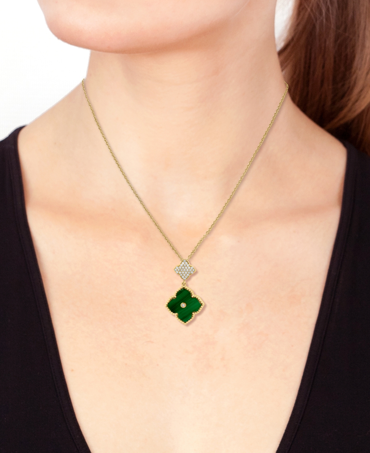 Effy Collection Malachite & Diamond (1/10 ct. t.w.) Pendant Necklace in 14k Yellow Gold