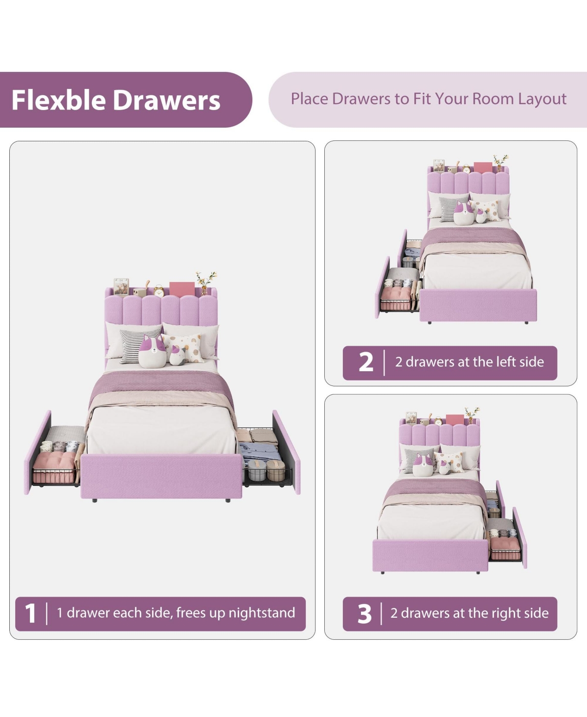 homfan Led Bed Frame with Storage Headboard and Drawers