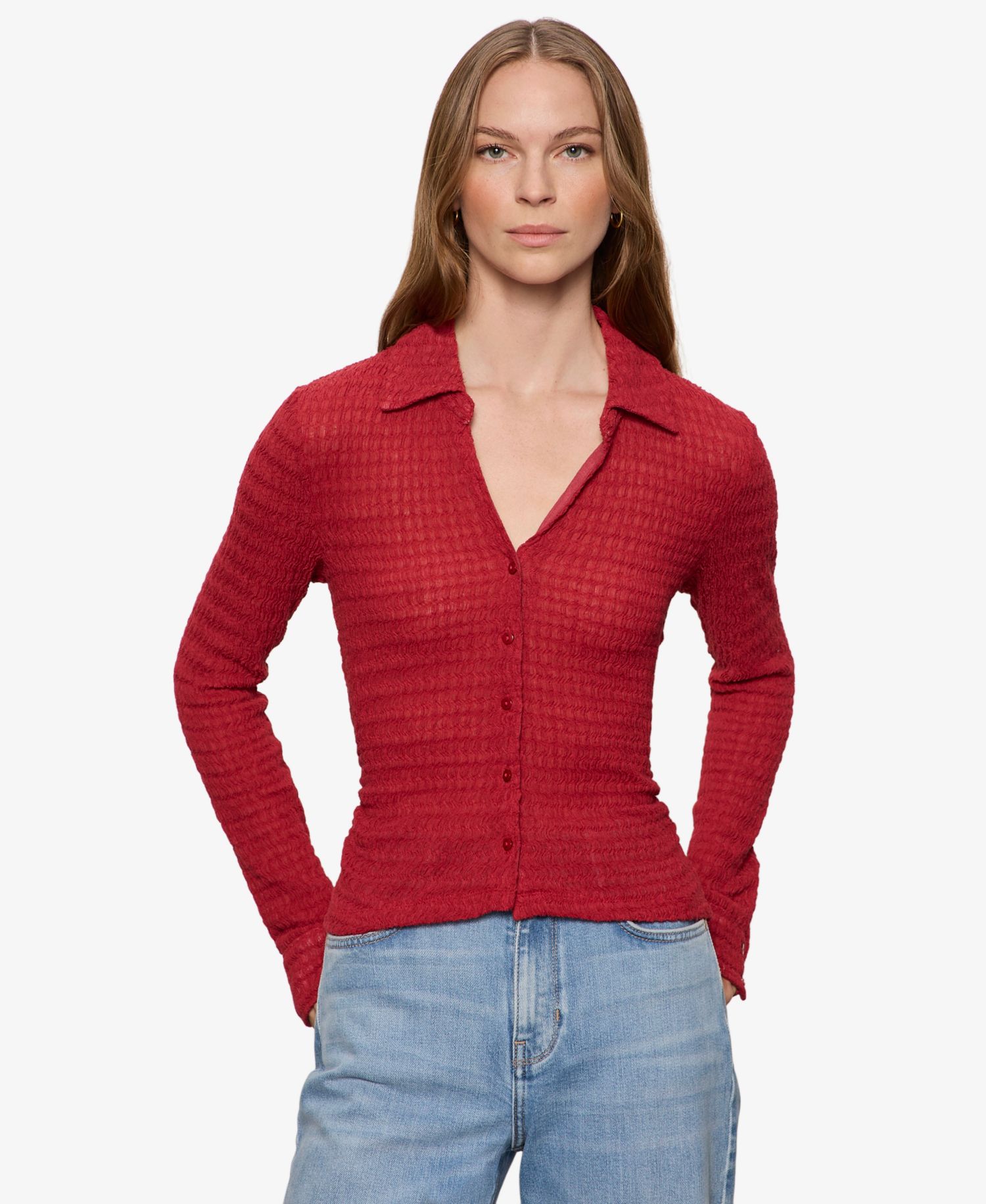 Petite Juno Textured Long-Sleeve Spread Collar Shirt