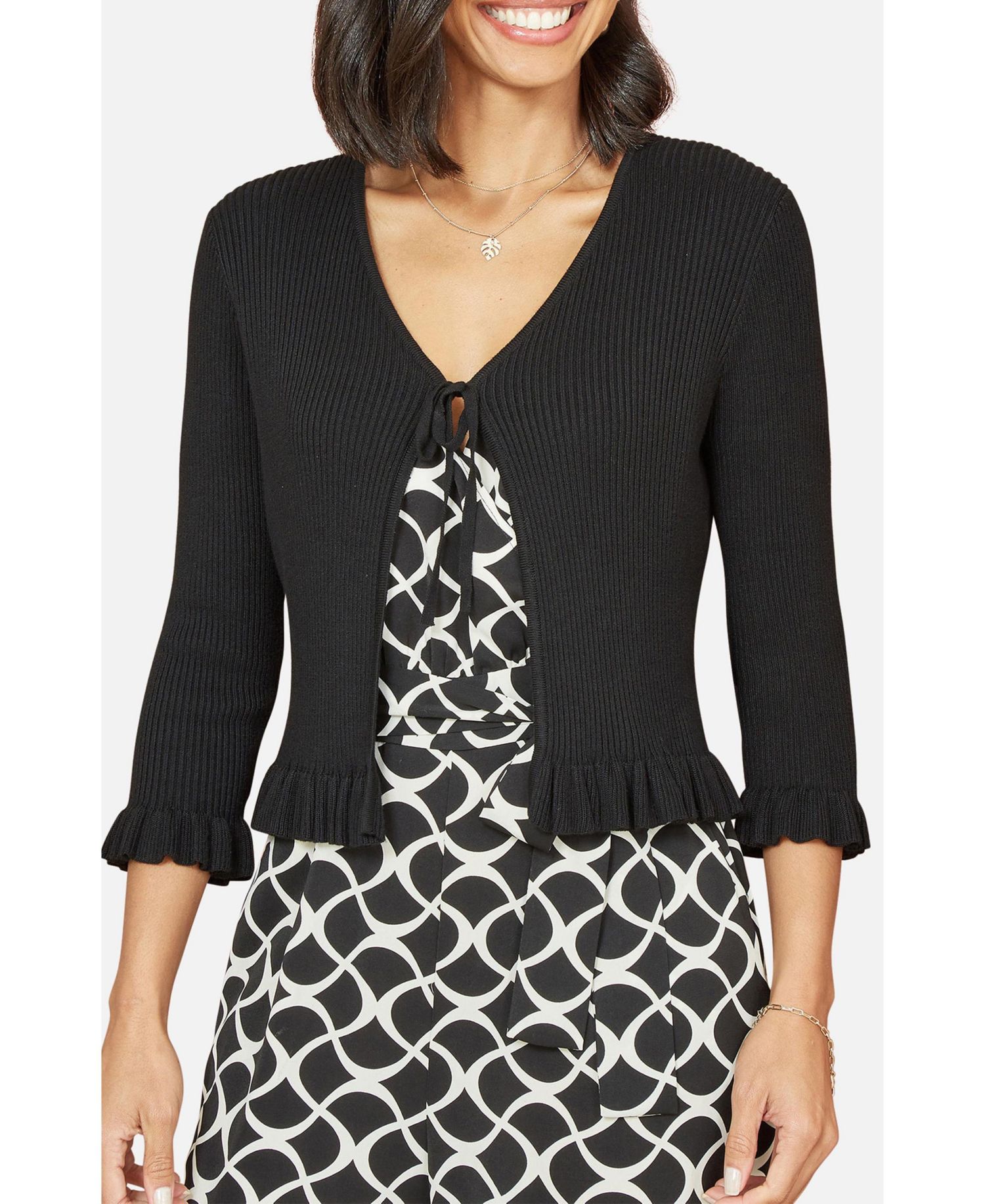 Women's Tie Front Frilled Hem Ribbed Cardigan