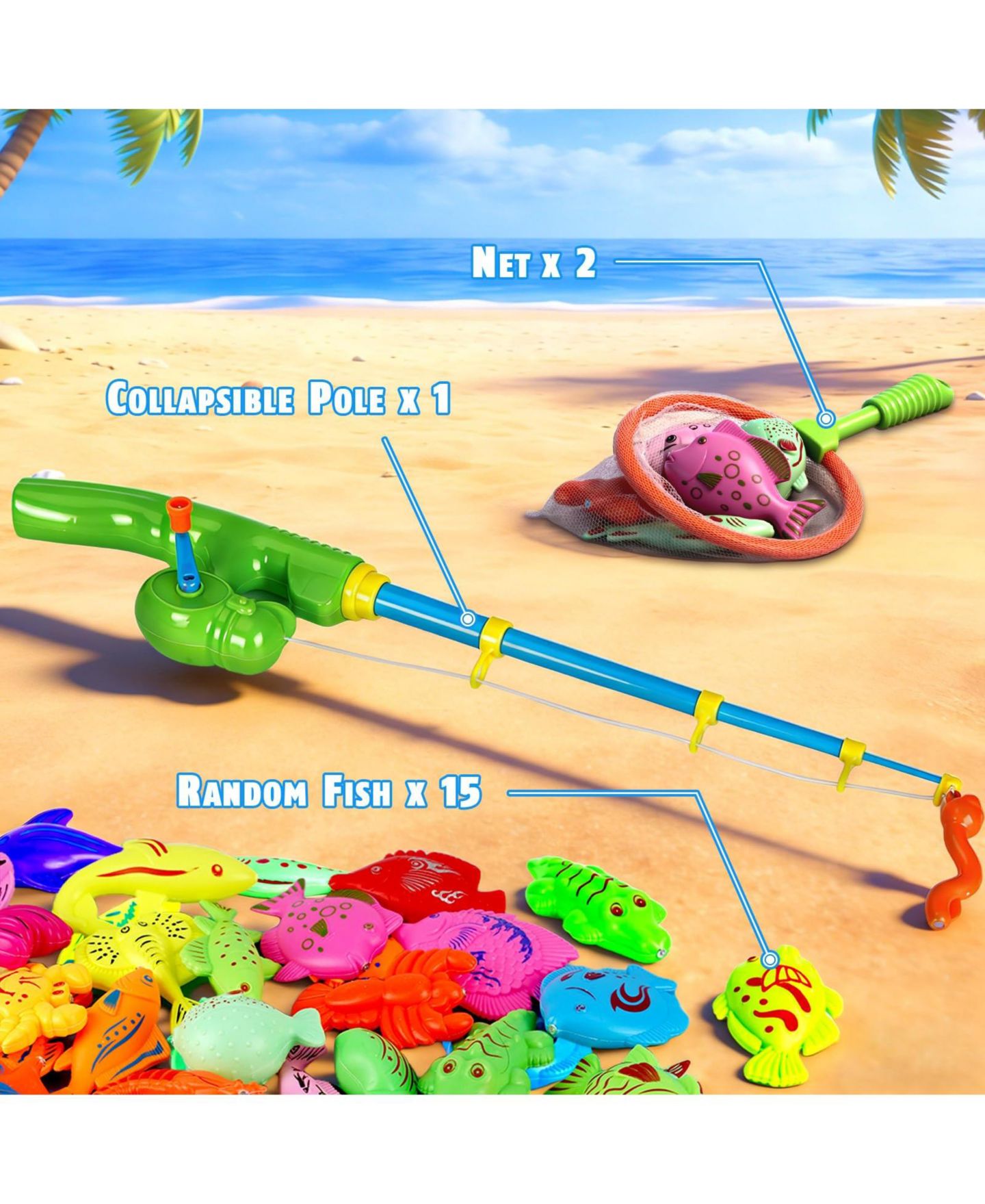Детские игрушки GNUADZ 15 Fish Fishing Pole Water Table Toy, 15-Piece Set, Ages 3+, цвет: Разноцветный — фото 2