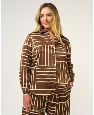 Plus Sizes Josie Geometric Collared Button-Front Satin Shirt