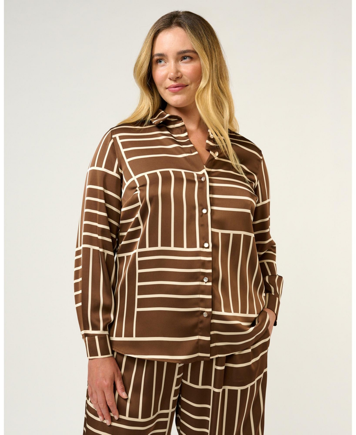 Estelle Plus Sizes Josie Geometric Collared Button-Front Satin Shirt - Cedar/cream