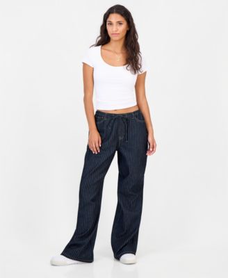 Juniors' Striped Wide-Leg Pull-On Jeans
