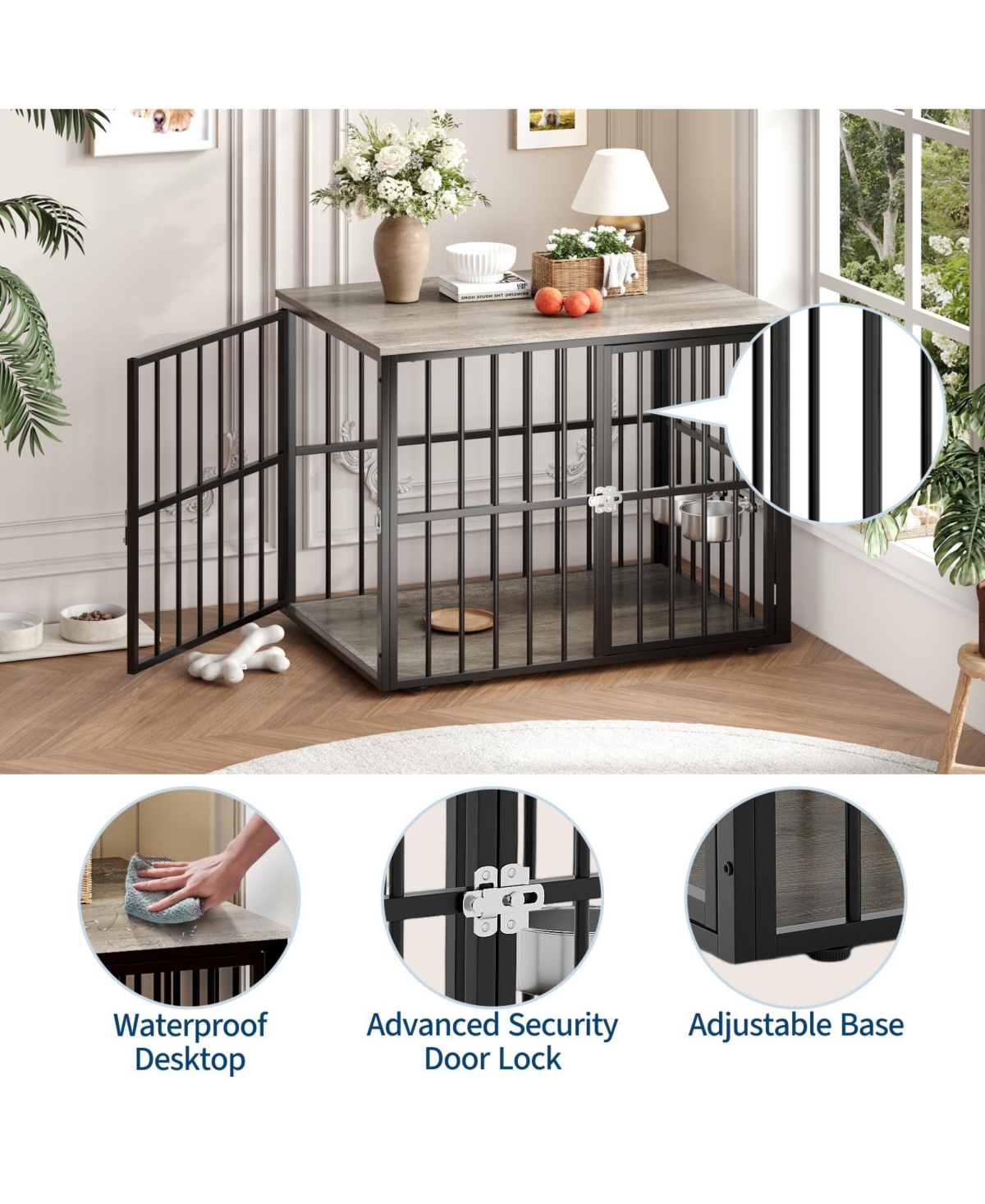 gaomon Heavy Duty Wooden Dog Crate for Medium Large Dogs Double Doors, Adjustable Bowls, Modern Indoor Kennel End Table, Pet Cage, Console