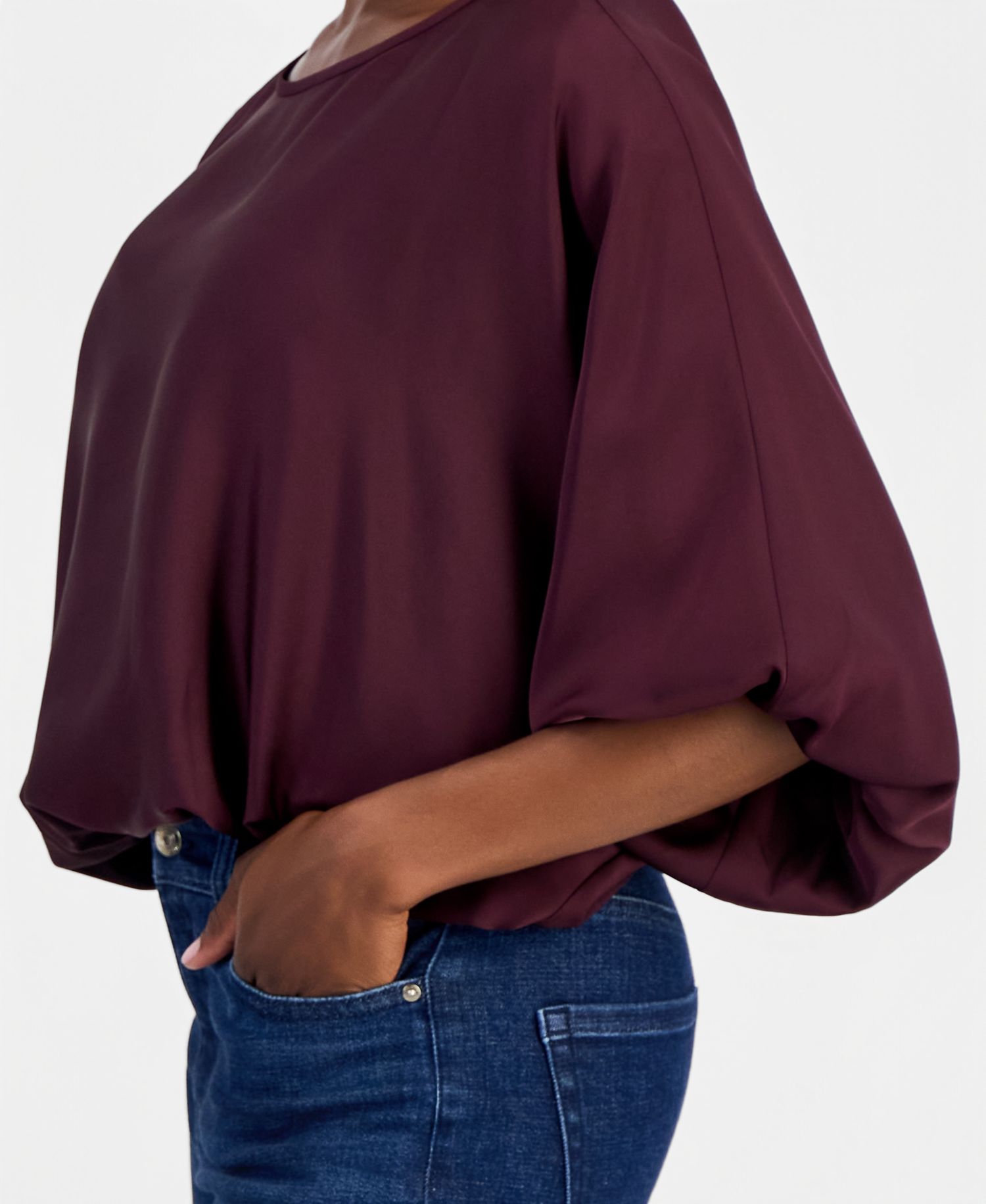 Petite Elbow-Sleeve Bubble Boat Neck Blouse