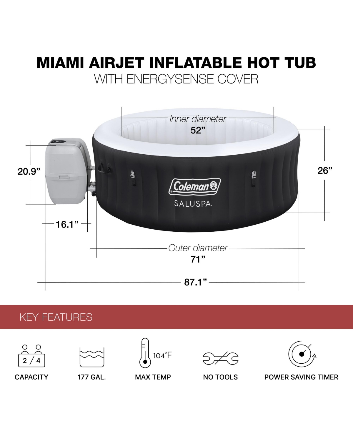 Bestway Coleman Miami Hot Tub with 2 Pack of SaluSpa Seat and 2 Headrest Pillows