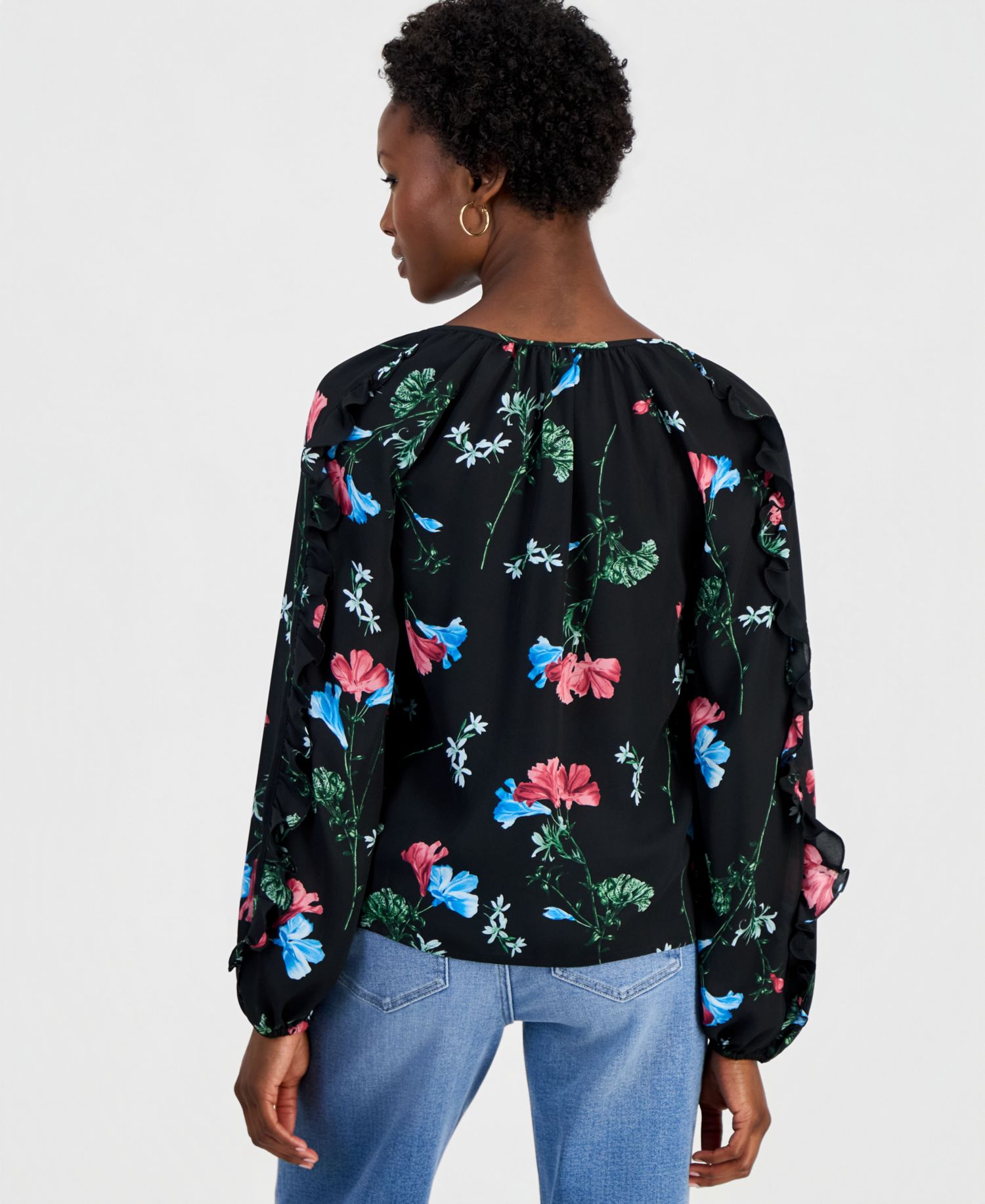 Women's Petite Ruffle Floral-Print Long-Sleeve Blouse