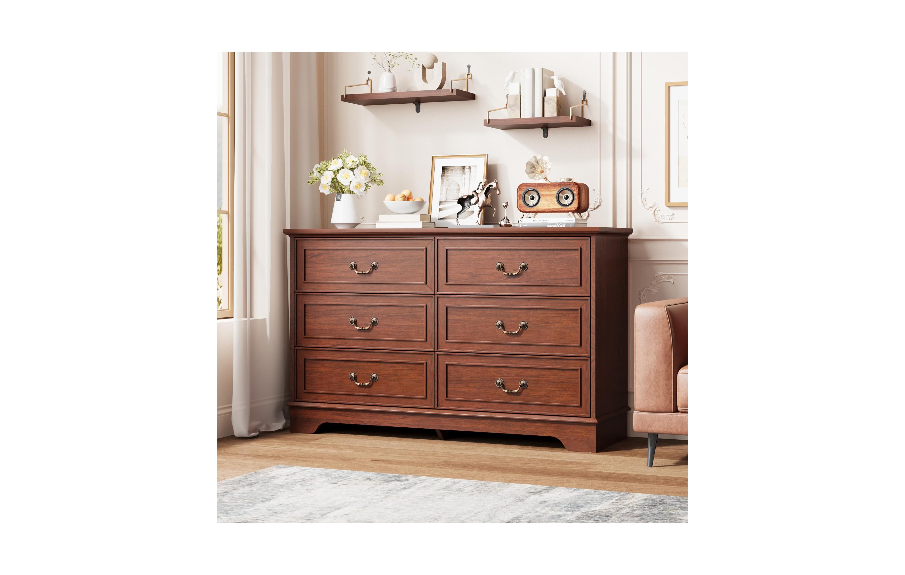 homfan 6-Drawer Vintage Dresser, 47" Wide Double Chest for Bedroom, Living Room, Hallway, Multiple Colors