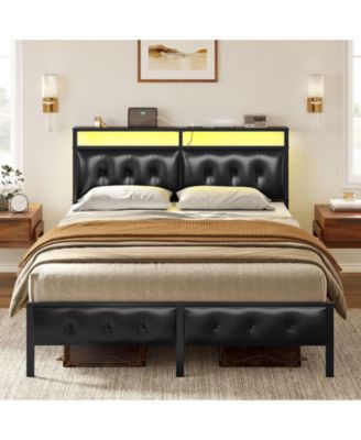 Queen/Full Size Bed Frame with Storage Headboard & Charging Station Platform Bed No Box Spring Needed, Queen