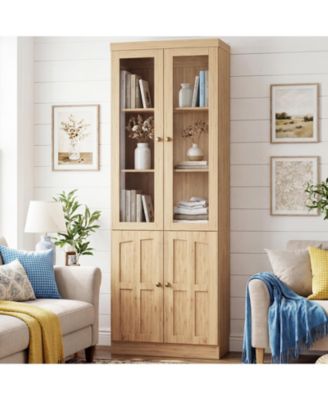 Storage Cabinet with Glass Doors, Wooden Bookcase with Shelves