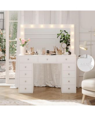 Makeup Vanity Desk with Mirror, 45"W Dressing Table with 11 Drawers and Glass Tabletop, Brightness Adjustable Makeup Vanity Table for Bedroom