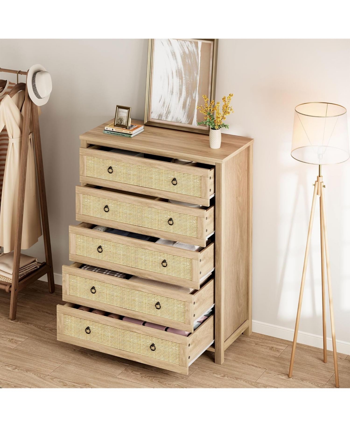 homfan 5 Drawer Tall Dresser, 45 in Rattan Dresser, Boho Chest of Drawers, Wooden Chest with Clothes Storage Cabinet