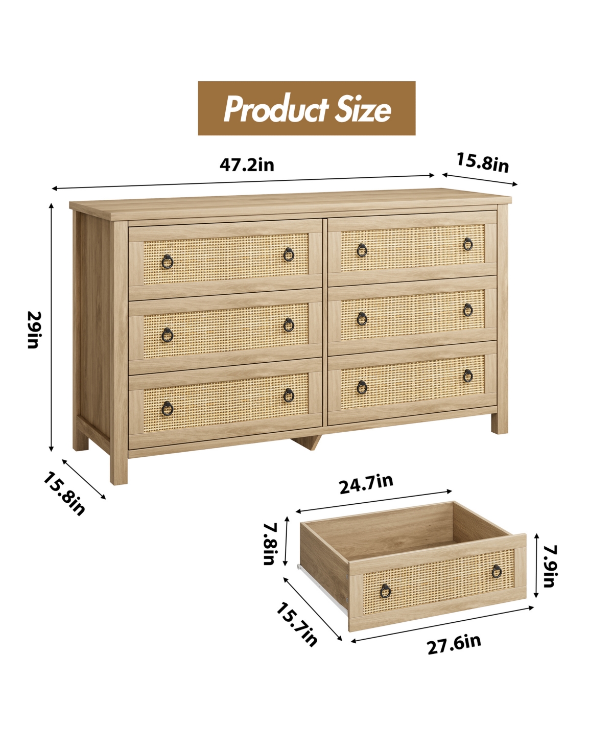 homfan 5 Drawer Tall Dresser, 45 in Rattan Dresser, Boho Chest of Drawers, Wooden Chest with Clothes Storage Cabinet
