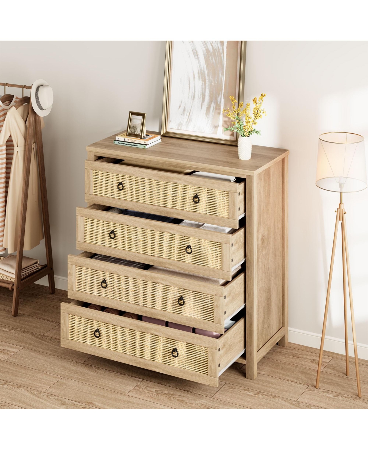 homfan 5 Drawer Tall Dresser, 45 in Rattan Dresser, Boho Chest of Drawers, Wooden Chest with Clothes Storage Cabinet