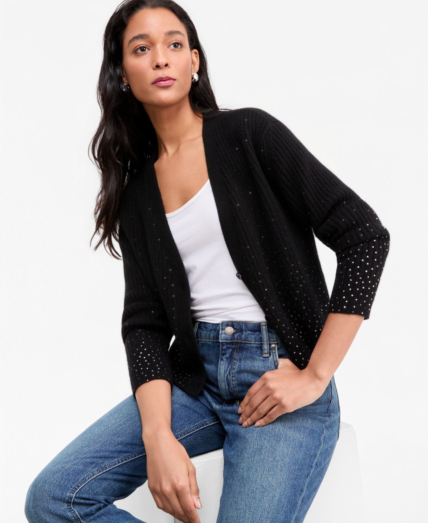 Women's 100% Cashmere Embellished Boyfriend Cardigan