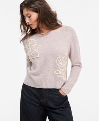 Women's 100% Cashmere Boatneck Embroidered Floral Sweater