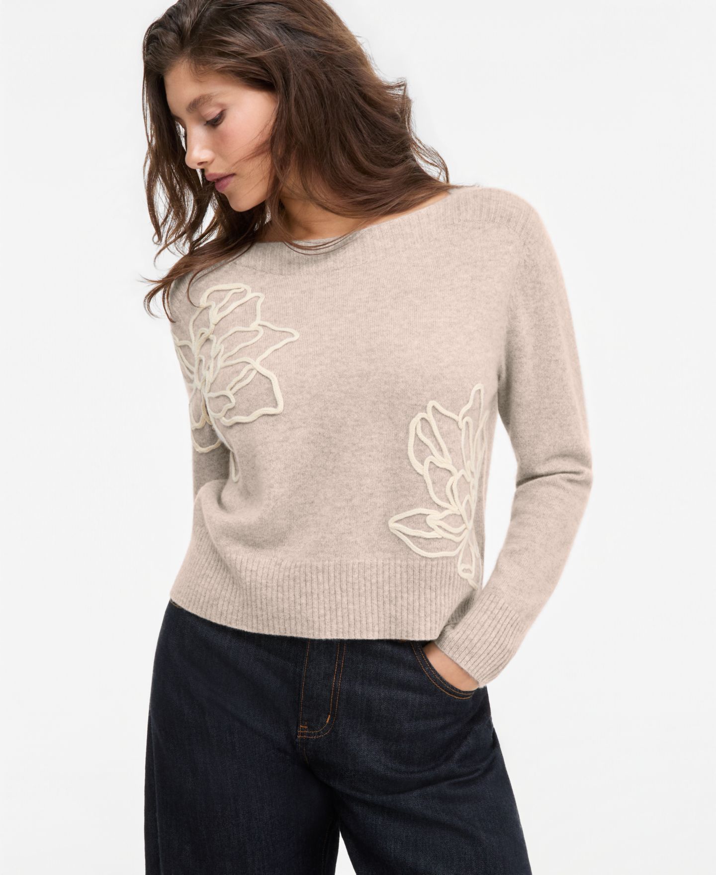 Женский свитер Charter Club 100% Cashmere Boatneck Embroidered Floral, цвет: Жемчужный серо-коричневый меланжевый — фото 1