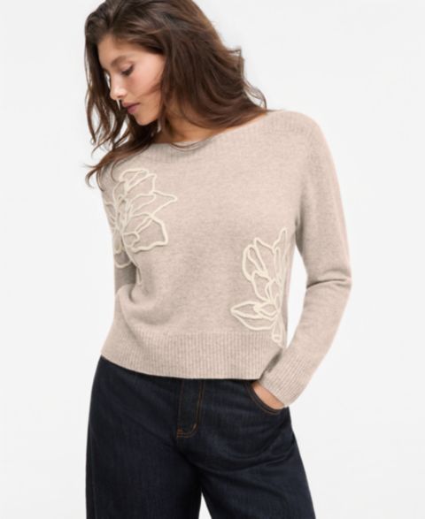 Женский свитер Charter Club 100% Cashmere Boatneck Embroidered Floral, цвет: Жемчужный серо-коричневый меланжевый