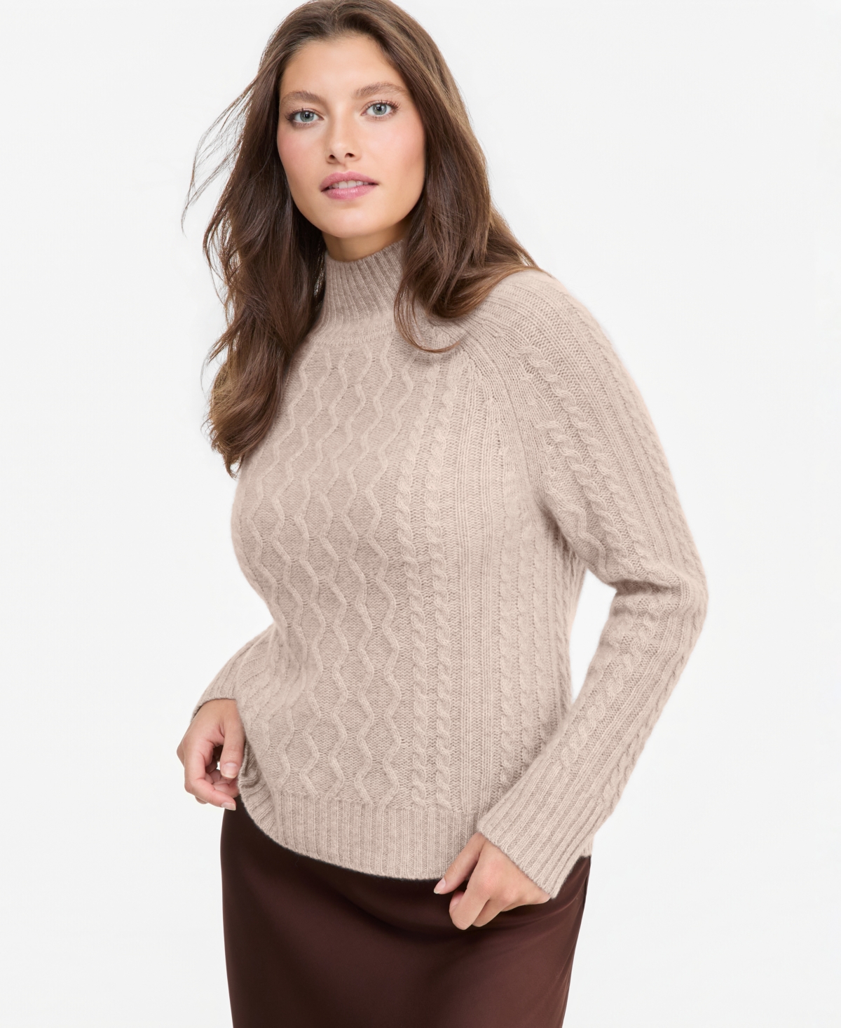 Charter Club Women's 100% Cashmere Fisherman Mock Neck Cable Knit Sweater, Macy's Exclusive - Pearl Taupe Heather