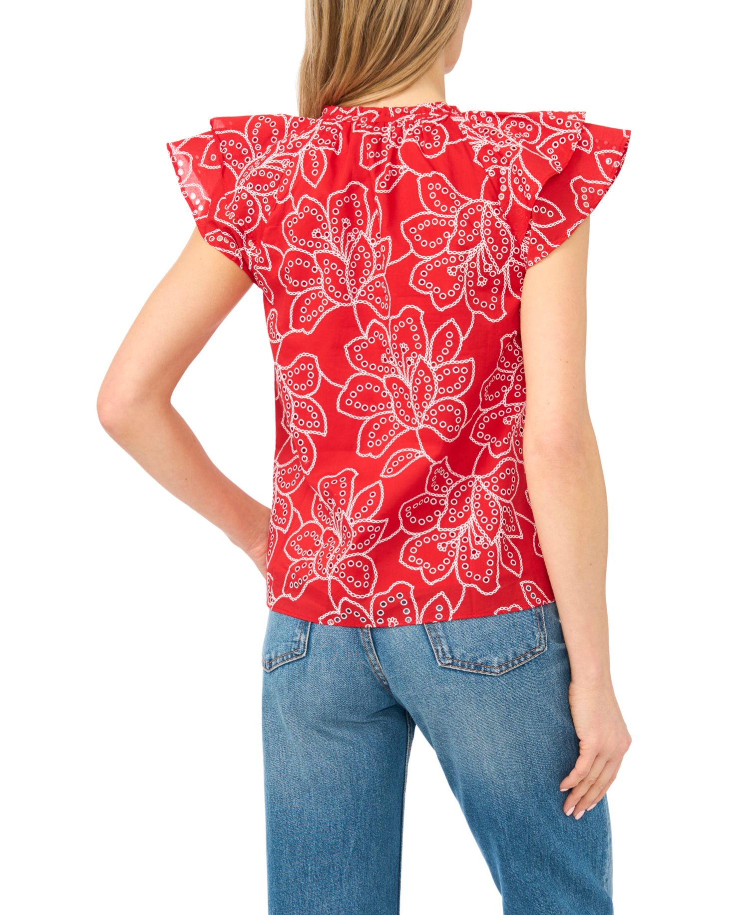 Women's Printed Flutter-Sleeve Tie-Neck Top
