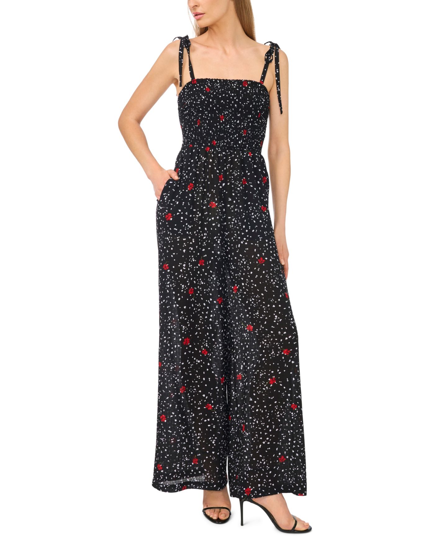 Женский комбинезон CeCe Square Neck Smocked Bodice Jumpsuit, цвет: Насыщенный чёрный — фото 1