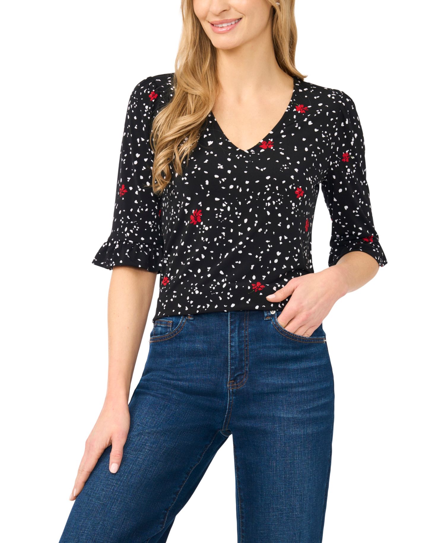 Women's Print V-Neck 3/4-Sleeve Ruffled Cuff Blouse
