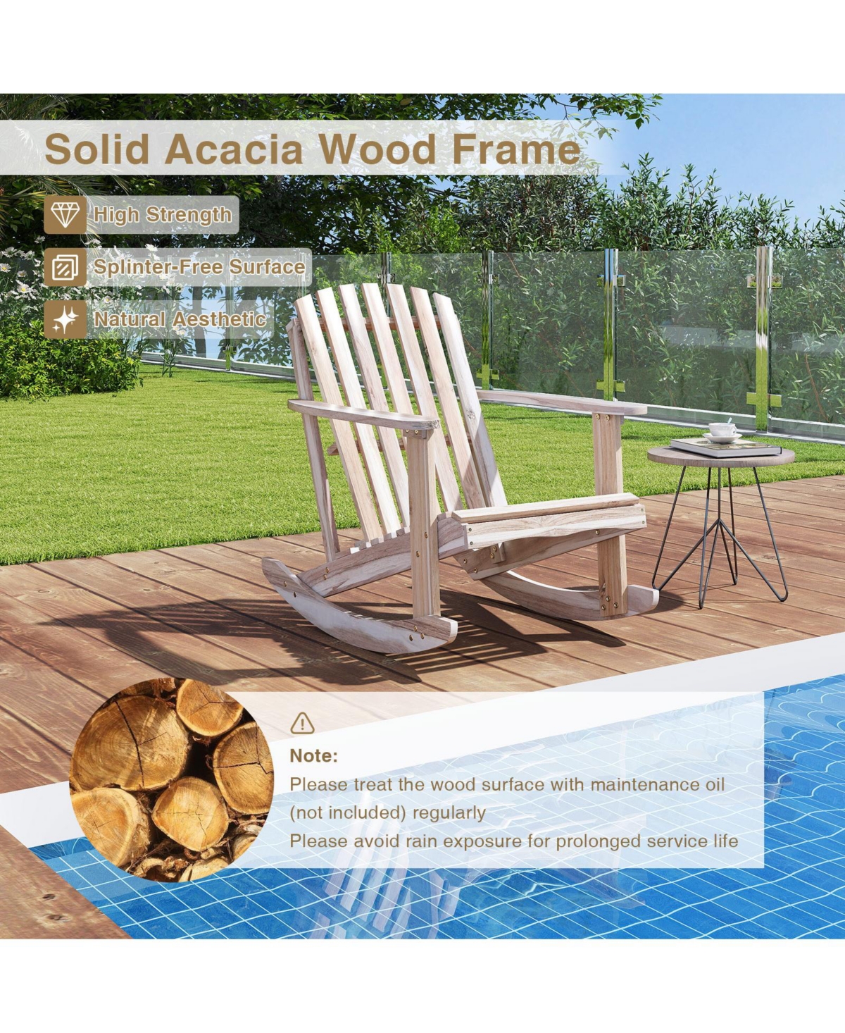 Sugift Acacia Wood Adirondack Rocking Chair with High Fanned Back and Wide Armrests