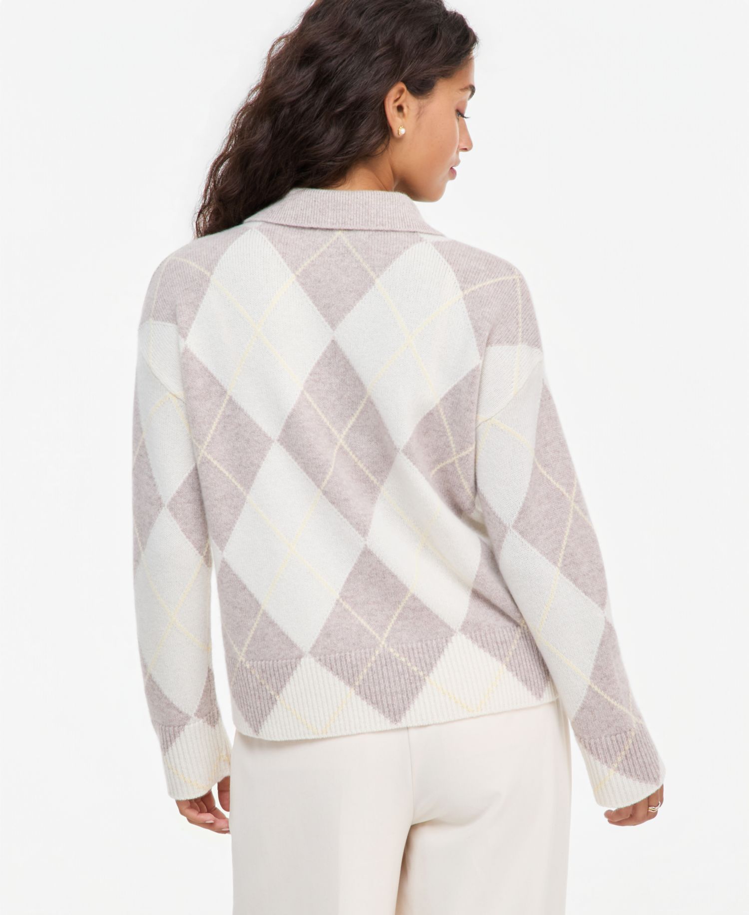 petite 100% Cashmere Argyle Oversized-Collar Sweater