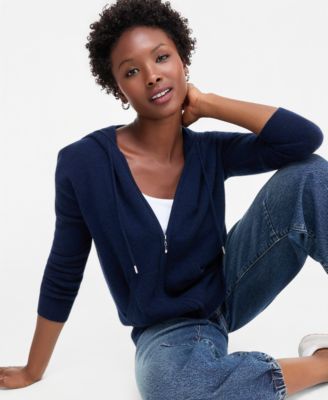 Petite Cashmere Long-Sleeve Zip-Front Hoodie