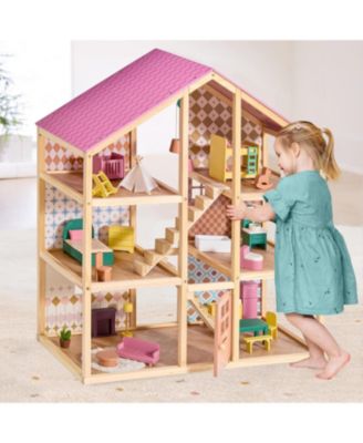 Wooden Dollhouse for Girls - DIY Pretend Play Doll House with 31Pcs Furniture Accessories
