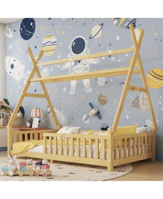 Kids House Bed with Light, Low Floor, Fence and Roof