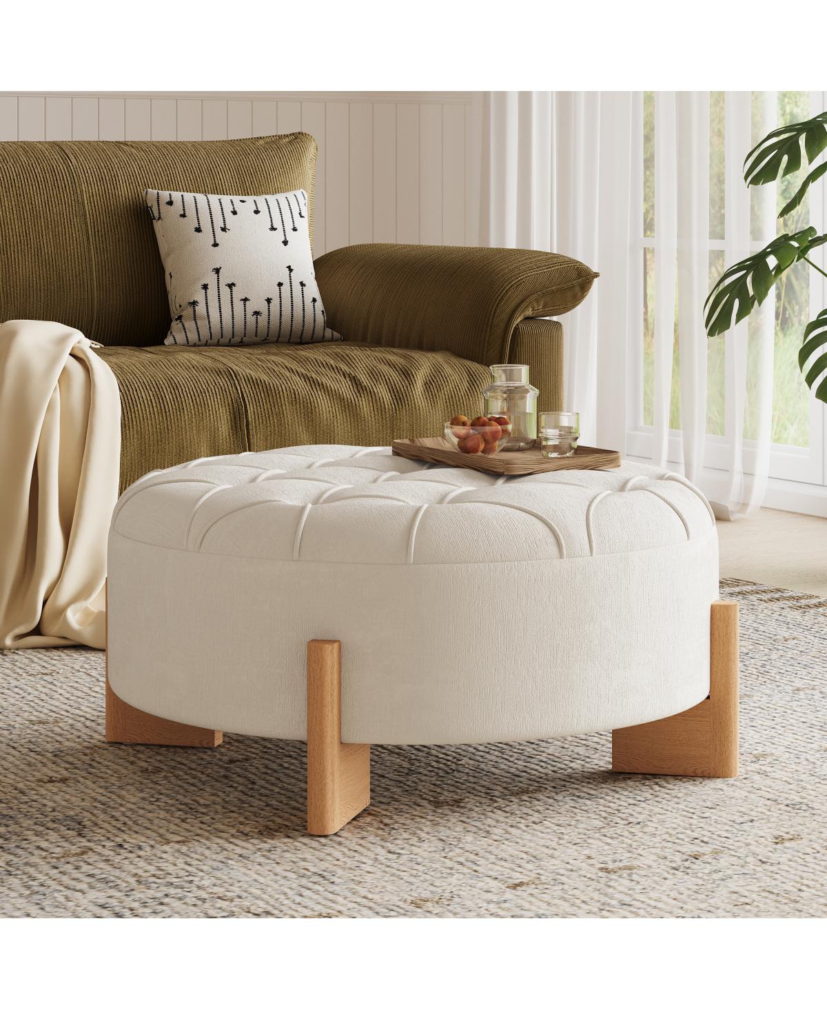 Streamdale Furniture 32" Round Tufted Chenille Ottoman with Solid Wood Legs