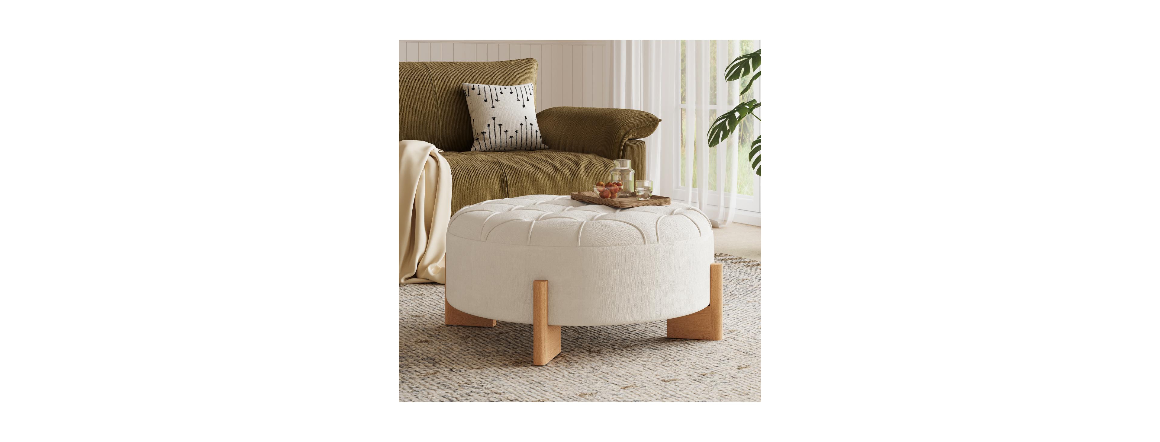 Streamdale Furniture 32" Round Tufted Chenille Ottoman with Solid Wood Legs