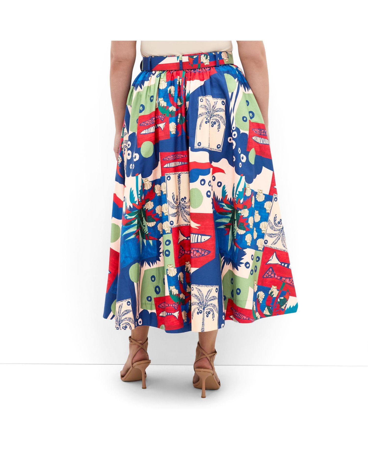 Women's Plus Size Elysia Marine Print Belted Cotton Skirt