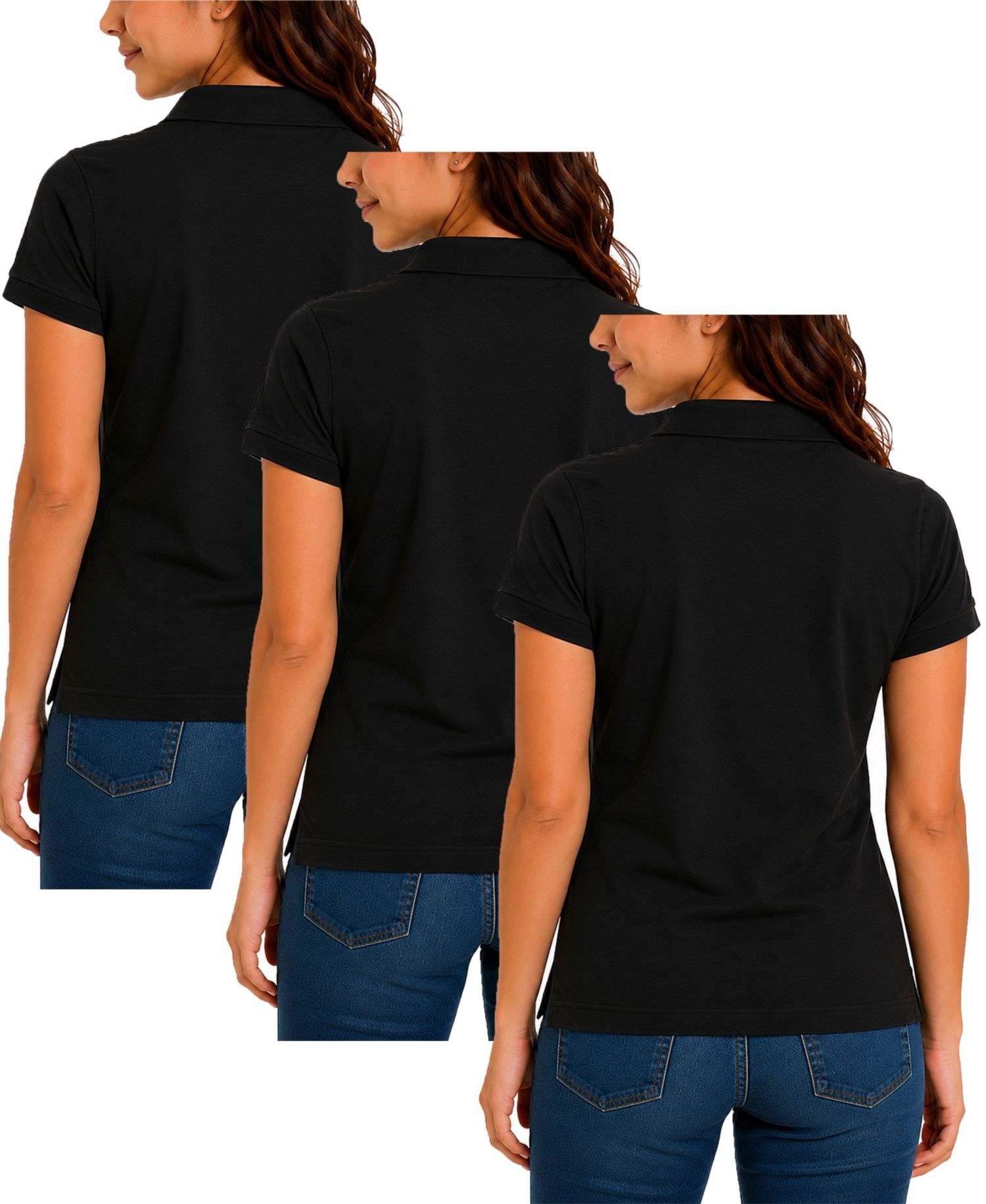 Women's 3-Button Short Sleeve Stretch Pique Polo Shirts School Uniform-3 Pack