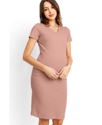 Women's Maternity Ribbed Bodycon Short Sleeve V-Neck Dress