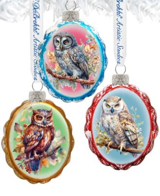 Wise Owls Keepsake Mercury Christmas Glass Ornaments Set of 3 G. DeBrekht