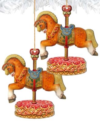 2024 Dated Carousel Horse Christmas Wooden Ornaments Holiday Decor Set of 2 G. DeBrekht