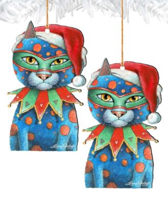 Mardi Gras Santa Cat Wooden Ornament by Laura Seeley Pets Decor Set of 2