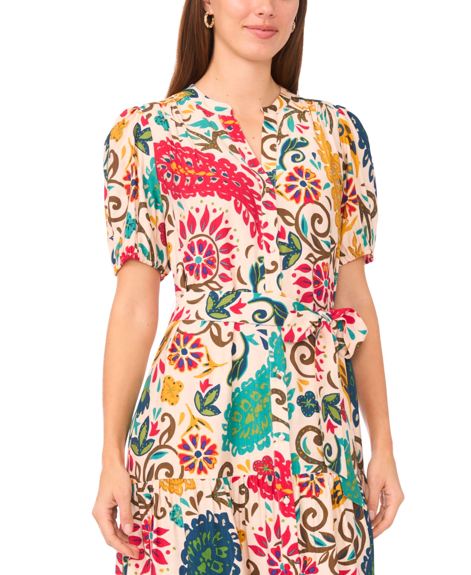 Women's Floral Button-Front Maxi Dress with Self-Tie Belt