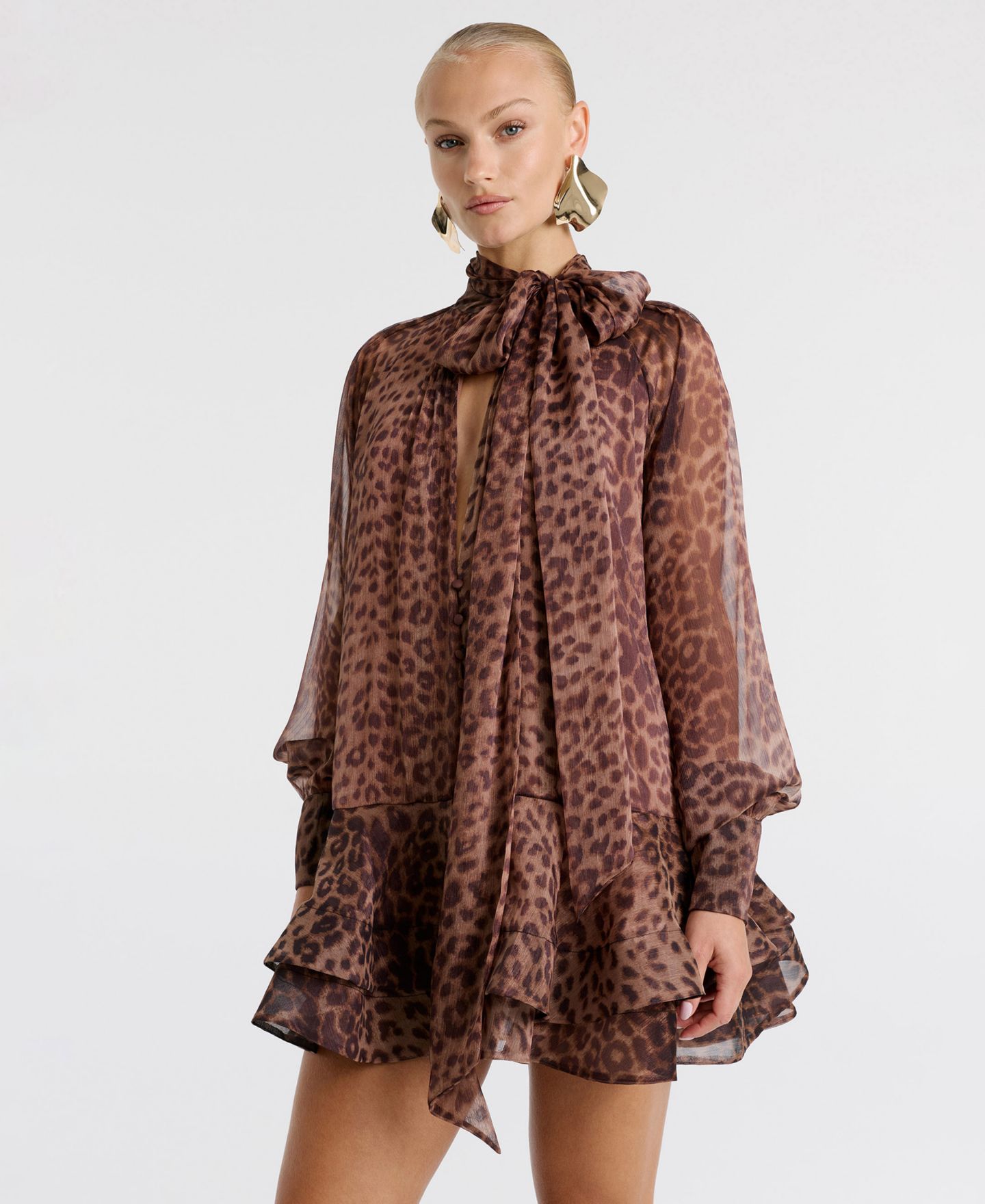 Женское платье Bardot Mock-Neck Adrie Babydoll Mini, цвет: Леопардовый — фото 3